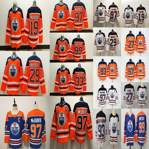 Edmonton Oilers 27 Milan Lucic 93 Ryan Nugent-Hopkins 97 Connor McDavid 99 Wayne Gretzky 33 Talbot 29 Draisaitl 19 Maroon hockey jersey