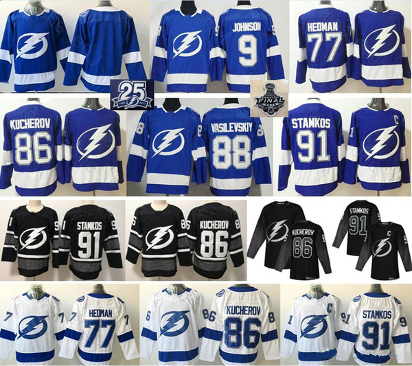 Tampa Bay Lightning 2019 New Black Jersey Alternate 27 Ryan McDonagh 9 Johnson 77 Hedman 86 Nikita Kucherov 88 Vasilevskiy 91 Steven Stamkos