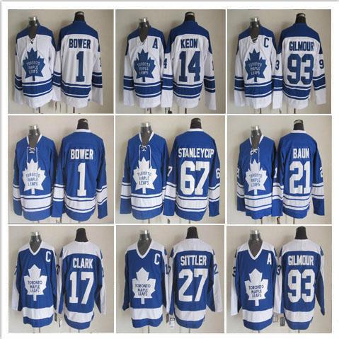 Toronto Maple Leafs Mens 1 Johnny Bower 93 Doug Gilmour 14 Dave Keon 17 Wendel Clark 27 Darryl Sittler Ice Hockey Jerseys