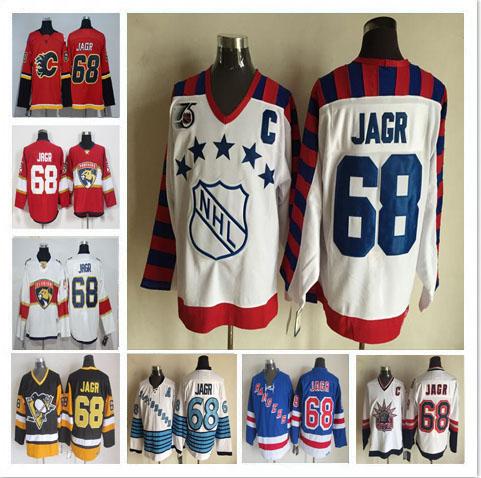 Free Shipping All-Star 68 Jaromir Jagr Florida Panthers Calgary Flames Jersey Stitched Logos CCM Black Blue Yellow Hockey Jerseys