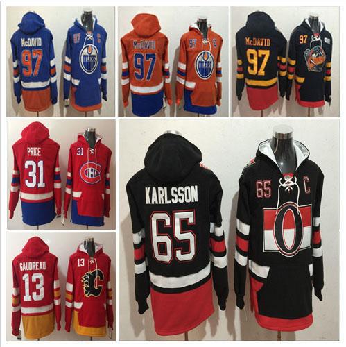 Free Shipping Mens 29 Leon Draisaitl 13 Johnny Gaudreau 11 Brendan Gallagher 16 Mitchell Marner 65 Erik Karlsson Hoodies Jersey Stitched