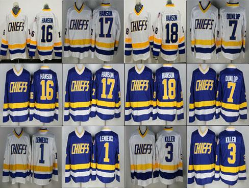 Charlestown Chiefs Hockey Jersey Men's 1 Lemieux 3 Dave Killer 16 Jack Hanson 17 Steve Hanson 18 Jeff Hanson 7 Dunlop Stitched Jerseys