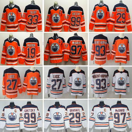 Edmonton Oiler Men 93 Ryan Nugent-Hopkins 29 Leon Draisaitl 19 Patrick Maroon 27 Milan Lucic 33 Talbot 99 Wayne Gretzky Hockey Jerseys S-3XL