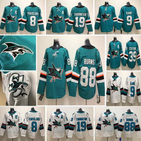 100% Stitched San Jose Sharks 8 Joe Pavelski 19 Thornton 88 Brent Burns 39 Logan Couture 9 Evander Kane Hockey Jerseys S-3XL