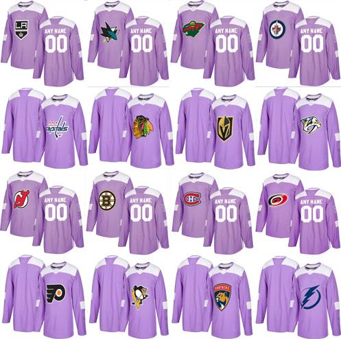 2018 Purple Fights Cancer Practice Hockey Predators Golden Knights Capitals Jets Bruins Blackhawks Wild Kings Sharks Rangers Ice Jerseys