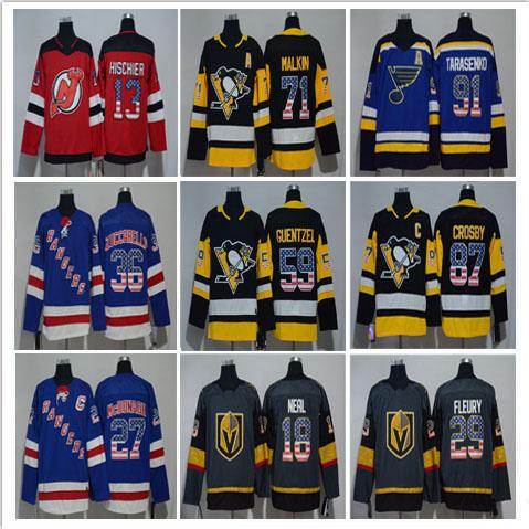 2018 Newest Men's Hockey 13 Nico Hischier 91 Vladimir Tarasenko 29 Marc-Andre Fleury 36 Mats Zuccarello 71 Evgeni Malkin Flag Jerseys