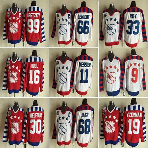 Cheap Men's 1980 ALL Star Hockey Jersey 9 Mike Modano 66 Mario Lemieux 99 Wayne Gretzky 68 Jaromir Jagr Jerseys Vintage White Red