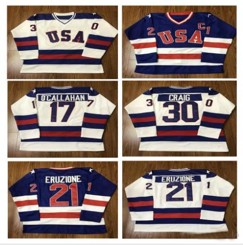 Vintage 1980 USA Hockey Jersey 30 Jim Craig 21 Mike Eruzione 17 Jack O'Callahan Stitched White Blue Jerseys