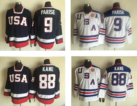 2010 Olympic Team USA 88 Patrick Kane 9 Zach Parise White Ice Hockey Jerseys Embroidery Logos Hockey Jersey