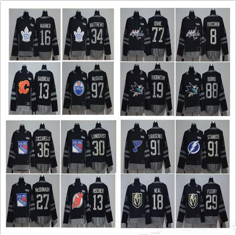 Mix Order 2018 Black Hockey 100th Jerseys 13 Nico Hischier 8 Alex Ovechkin 91 Steven Stamkos 19 Joe Thornton 13 Johnny Gaudreau Stitched