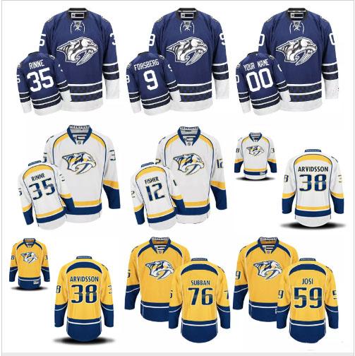 Nashville Predators Hockey 35 Pekka Rinne 59 Roman Josi 38 Viktor Arvidsson 92 Ryan Johansen Stitched White Yellow Navy Blue Jerseys