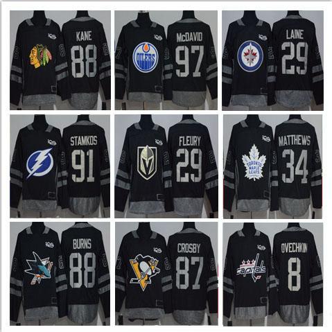 Wholesale 2017 Men Hockey Jersey 29 Marc-Andre Fleury 87 Sidney Crosby 88 Brent Burns 29 Patrik Laine Jerseys Stitched 100th Black