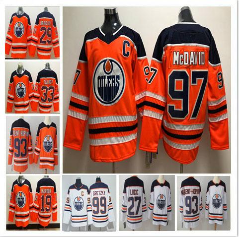 Edmonton Oilers Mens 97 Connor McDavid 29 Leon Draisaitl 27 Milan Lucic 93 Ryan Nugent-Hopkins 19 Patrick Maroon Talbot Hockey Jerseys S-3XL