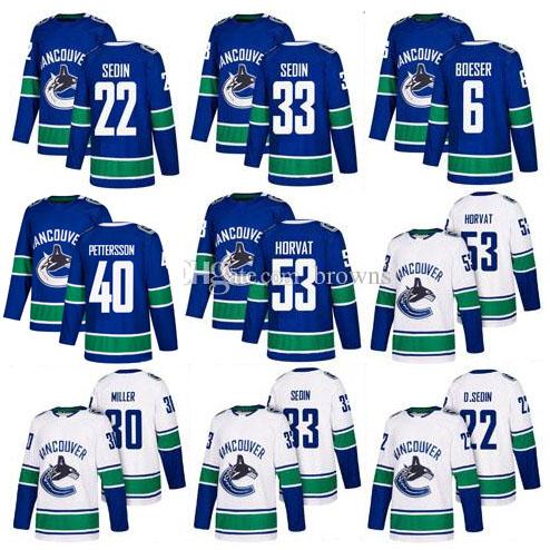 Vancouver Canucks Mens #40 Elias Pettersson 6 Brock Boeser 22 Daniel Sedin 33 Henrik Sedin 53 Bo Horvat Hockey Jerseys Blue White S-3XL