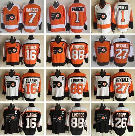 Philadelphia Flyers Jersey Hockey 1 Bernie Parent 88 Eric Lindros 16 Bobby Clarke 27 Ron Hextall 26 Brian Propp 7 Barber Stitched