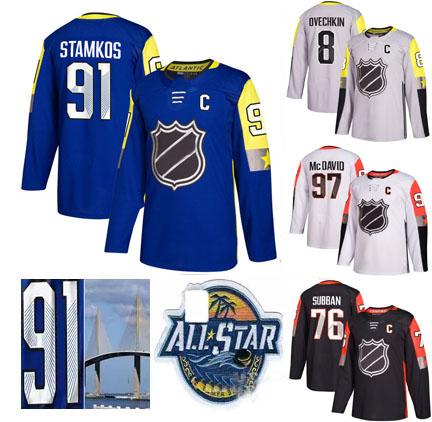 2018 All-Star Hockey Jersey 91 Steven Stamkos 86 Nikita Kucherov 63 Brad Marchand Atlantic Metro Central Pacific Division