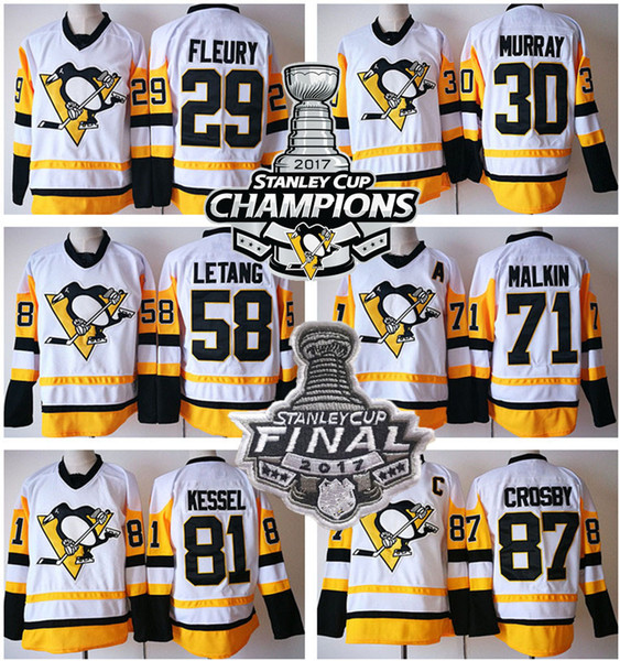 Pittsburgh Penguins hockey Premier white champions jerseys #87 Sidney Crosby 81 Phil Kessel 71 Evgeni Malkin 30 Matt Murray 58 Kris Letang