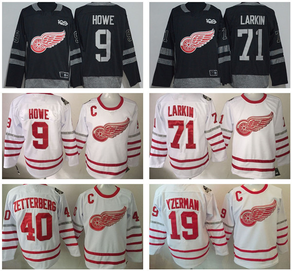 Detroit Red Wings 100th anniversary hockey jersey #71 Dylan Larkin 40 Henrik Zetterberg 9 Gordie Howe 19 Steve Yzerman 14 Gustav Nyquist