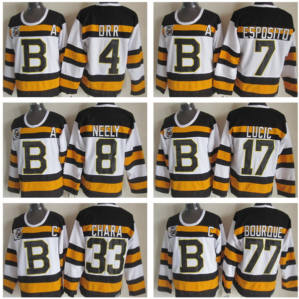 Boston Bruins 75th anniversary hockey jersey 37 Patrice Bergeron 77 Ray Bourque 8 Cam Neely 4 Bobby Orr throwback embroidery jerseys