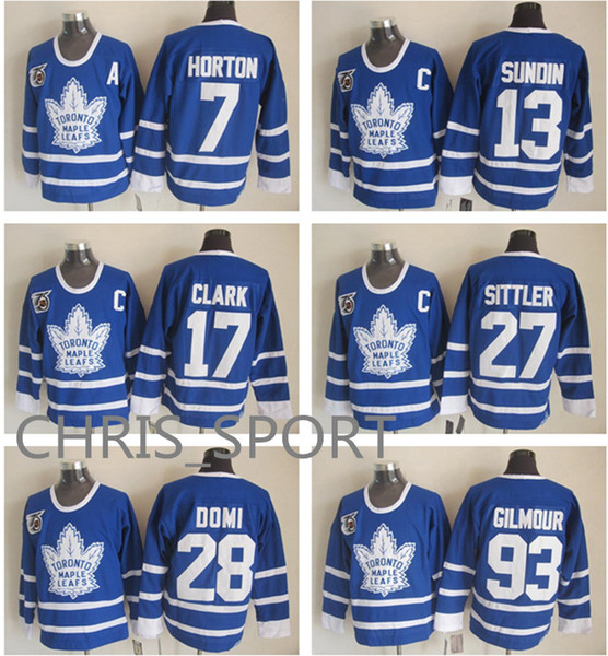 Toronto Maple Leafs 75th anniversary hockey jerseys 7 Tim Horton 13 Mats Sundin 17 Wendel Clark 27 Darryl Sittler 28 Domi 93 Doug Gilmour