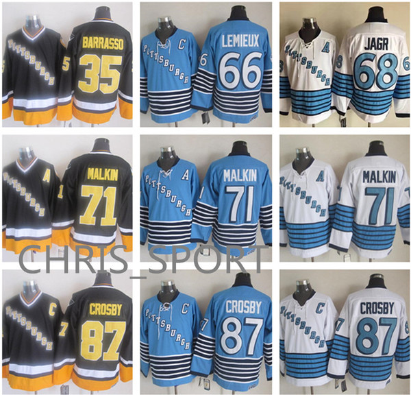 Pittsburgh hockey jerseys #87 Sidney Crosby 71 Evgeni Malkin 35 Tom Barrasso 66 Mario Lemieux 68 Jaromir Jagr bias letters