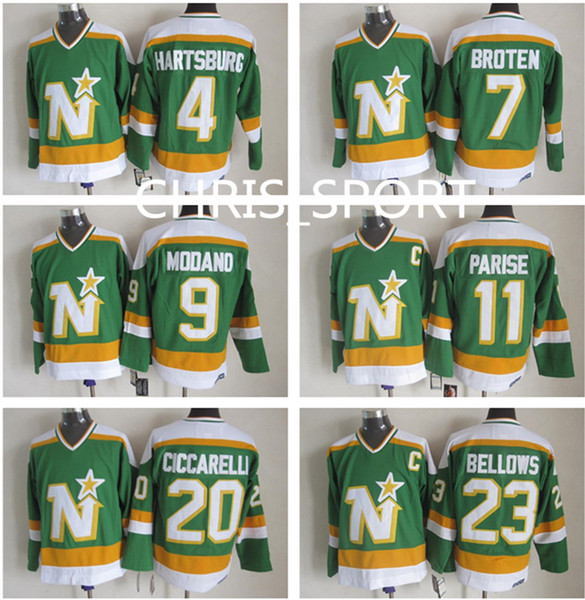 Dallas Stars CCM hockey jerseys #4 Craig Hartsburg 9 Mike Modano 20 Dino Ciccarelli 23 Brian Bellows white shoulder green jersey