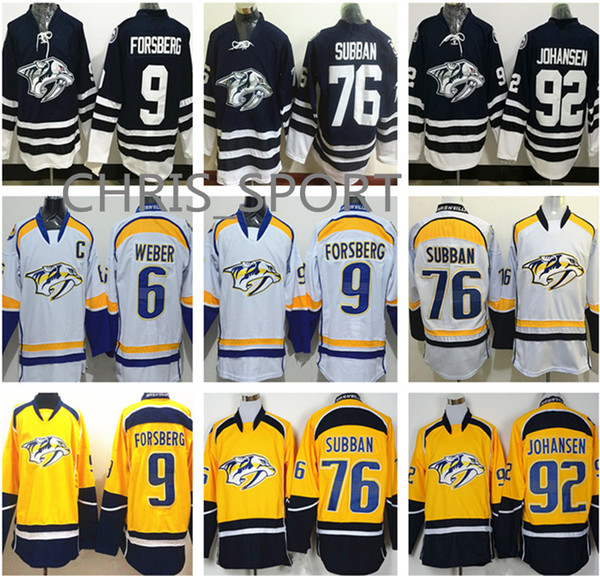 Nashville Predators premier hockey jersey #9 Filip Forsberg 76 P.K. Subban 92 Ryan Johansen 35 Pekka Rinne 12 Mike Fisher 6 Shea Weber