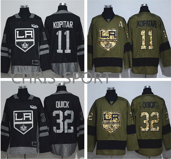 Los Angeles Kings 100th black hockey jerseys #11 Anze Kopitar 32 Jonathan Quick 99 Wayne Gretzky salute army green jersey