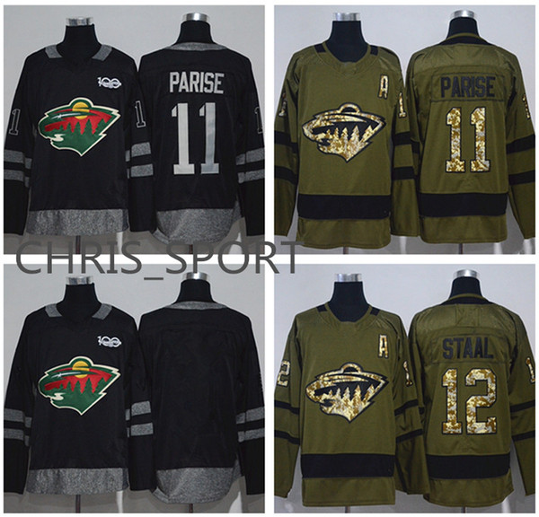 Minnesota Wild Personalized hockey jerseys #11 Zach Parise 12 Eric Staal 100th customized player's salute to service wear