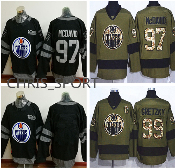 Edmonton Oilers 100th hockey jerseys #97 Connor McDavid 99 Wayne Gretzky winter classic salute to service game jerseys custom uniform