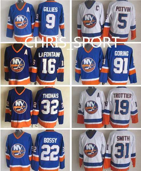 New York Islanders retro hockey jersey 5 Denis Potvin 9 Clark Gillies 19 Bryan Trottier 22 Mike Bossy 31 Billy Smith 91 Butch Goring