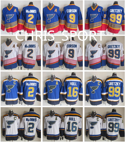 St.Louis Blues hockey jersey #2 Al MacInnis 9 Shayne Corson 16 Brett Hull 77 Pierre Turgeon 99 Wayne Gretzky throwback blue/white jersey