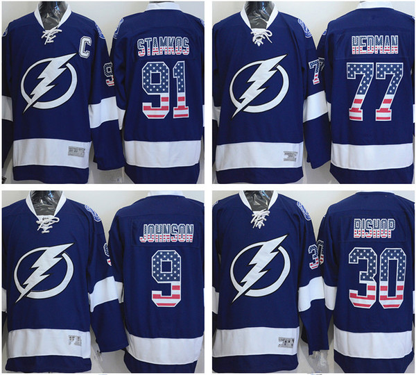 Tampa Bay Lightning american flag hockey jersey blue 91 Steven Stamkos 77 Victor Hedman 30 Ben Bishop 9 Tyler Johnson embroidery jerseys