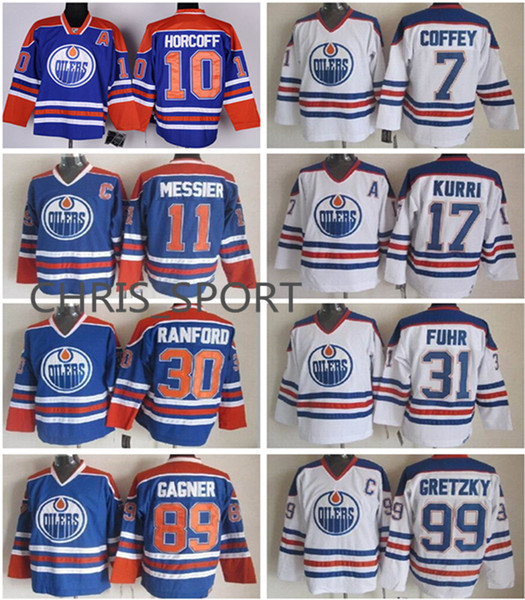 Edmonton Oilers throwback CCM hockey jerseys #7 Paul Coffey 11 Mark Messier 17 Jari Kurri 31 Grant Fuhr 89 Sam Gagner 30 Bill Ranford