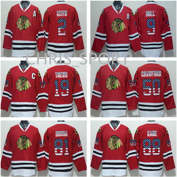 Chicago Blackhawks classic Hockey jersey #2 Duncan Keith 19 Jonathan Toews 88 Patrick Kane 50 Corey Crawford 9 Bobby Hull flag letters