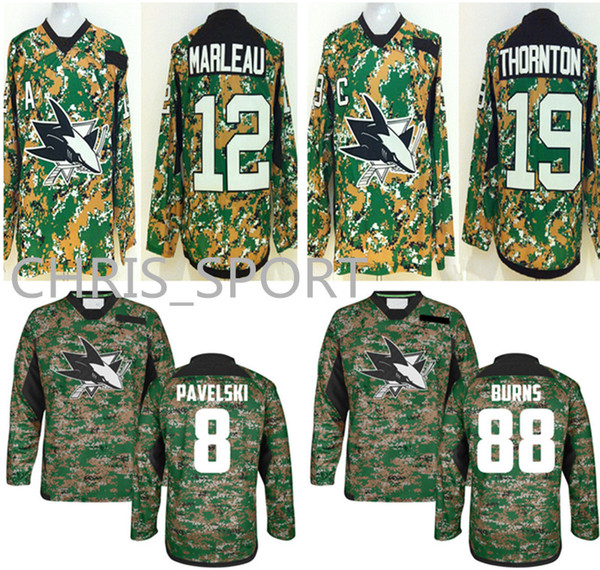 San Jose Sharks premier camouflage hockey jersey #11 Owen Nolan 20 Evgeni Nabokov #88 Brent Burns 19 Joe Thornton game jersey