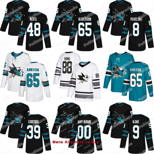 San Jose Sharks Logan Couture Tomas Hertl Erik Karlsson Joe Pavelski Brent Burns Timo Meier Evander Kane Joe Thornton Vlasic Jersey