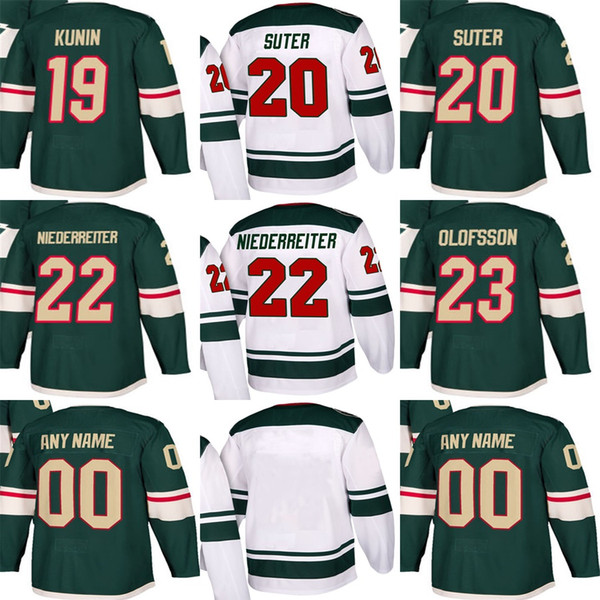 Wholesale Mens Womens Kids Minnesota Wild 19 Luke Kunin 20 Ryan Suter 22 Nino Niederreiter 23 Gustav Olofsson Stitched Ice Hockey Jerseys