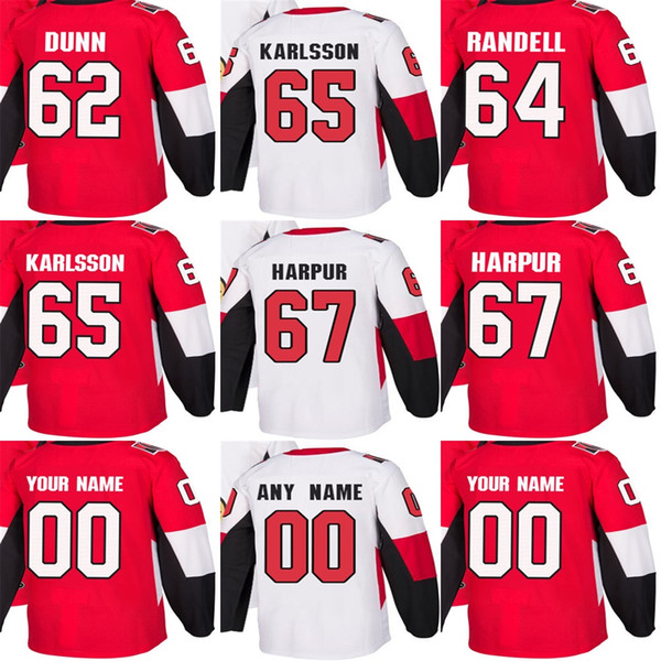 Cheap Mens Womens Kids Ottawa Senators 62 Vincent Dunn 64 Tyler Randell 65 Erik Karlsson 67 Ben Harpur Stitched Logos Ice Hockey Jerseys