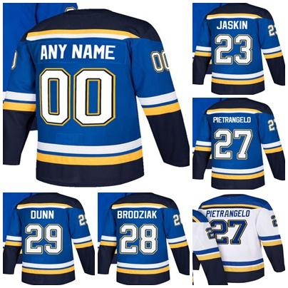 Cheap Mens Womens St. Louis Blues 23 Dmitrij Jaskin 27 Alex Pietrangelo 28 Kyle Brodziak 29 Vince Dunn Blue White Ice Hockey Jerseys