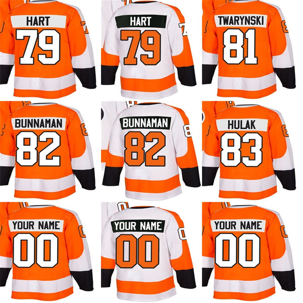 Cheap Mens Womens Kids Philadelphia Flyers 79 Carter Hart 81 Carsen Twarynski 82 Connor Bunnaman 83 Derek Hulak Ice Hockey Jerseys