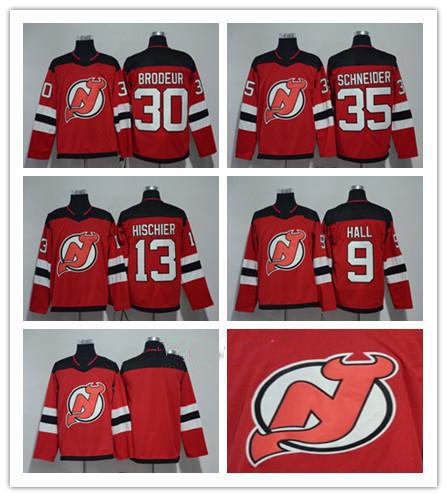 2017-2018 Season New Jersey Devils Jersey 9 Taylor Hall 13 Nico Hischier 30 Martin Brodeur 35 Cory Schneider Red Hockey Jerseys White Salute