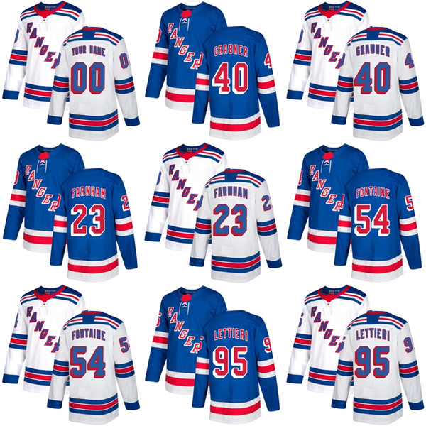 Mens Womens Kids New York Rangers 23 Bobby Farnham 40 Grabner 54 Fontaine 95 Lettieri Cheap Blue White Ice Hockey Jerseys Accept Custom