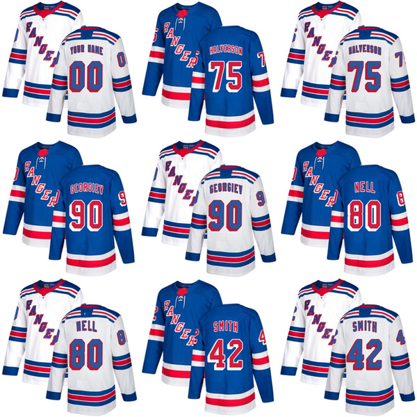 Mens Womens Kids New York Rangers 42 Brendan Smith 75 Brandon Halverson 80 Nell 90 Georgiev Blue White Ice Hockey Jersey Accept Custom