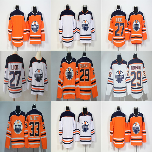 Factory Outlet Mens Womens Kids Edmonton Oilers 27 Milan Lucic 29 Leon Draisaitl 33 Cam Talbot Orange White Stitched Ice Hockey Jerseys