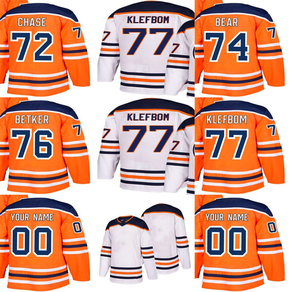 Cheap Customized Mens Womens Kids Edmonton Oilers 72 Gregory Chase 74 Ethan Bear 76 Ben Betker 77 Oscar Klefbom Stitched Ice Hockey Jerseys