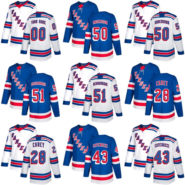 Mens Womens Kids New York Rangers 28 Paul Carey 43 Catenacci 50 Lias Andersson 51 Desharnais Blue White Ice Hockey Jersey Accept Custom