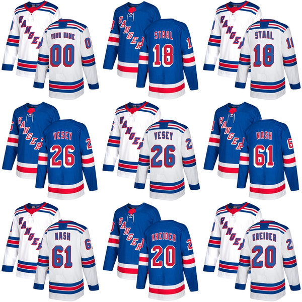 Mens Womens Kids New York Rangers 18 Marc Staal 20 Chris Kreider 26 Jimmy Vesey 61 Nash Blue White Ice Hockey Jerseys Accept Custom