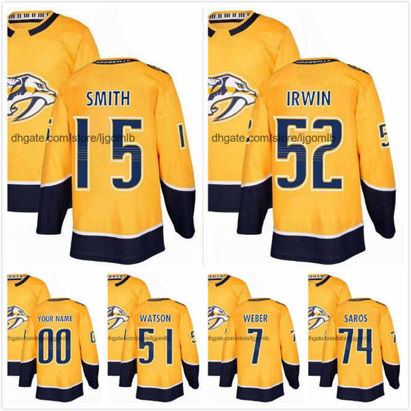 Craig Smith Jersey 15 Matt Irwin 52 Yannick Weber 7 Austin Watson 51 Juuse Saros 74 Mens Hockey Jerseys 2018AD Nashville Predators S-3XL