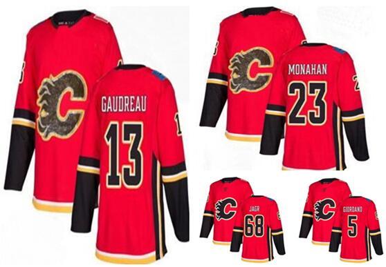 Men's Calgary Flames Red Home Fashion Gold Stitched Hockey Jerseys,men 13 Gaudreau 23 Monahan 5 GIORDANO 68 JAGR Hockey wear online store